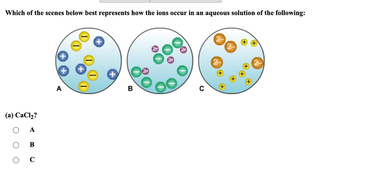 Which of the scenes below best represents how the ions occur in an aqueous solution of the following:
(a) CaCl₂?
B
B
C
2
2