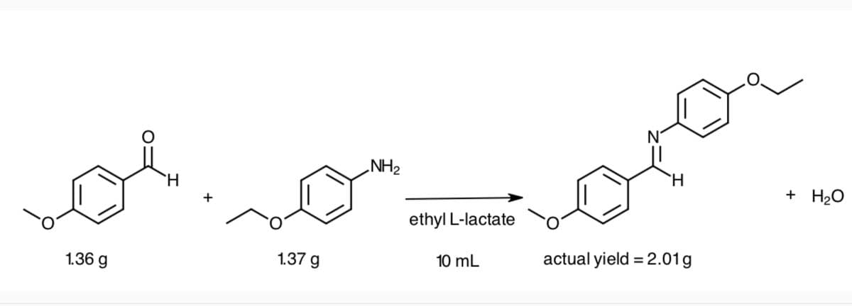 1.36 g
O
I
+
1.37 g
NH₂
ethyl L-lactate
10 mL
N
H
actual yield = 2.01g
+ H₂O