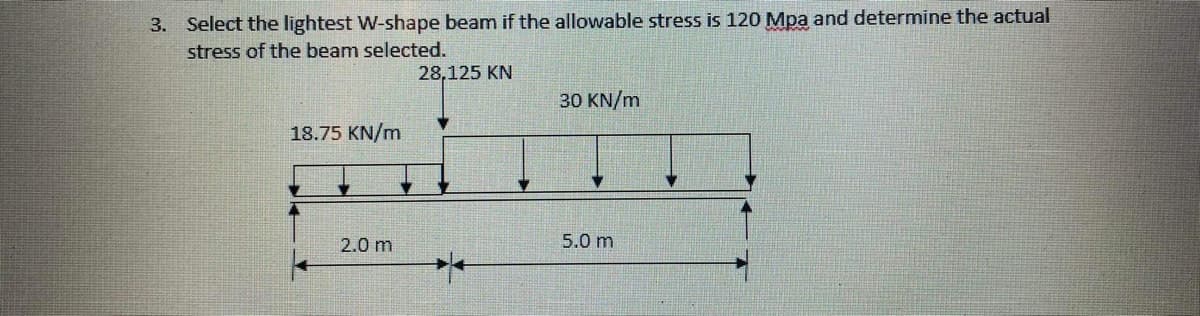 3. Select the lightest W-shape beam if the allowable stress is 120 Mpa and determine the actual
stress of the beam selected.
28,125 KN
30 KN/m
18.75 KN/m
2.0 m
5.0 m
