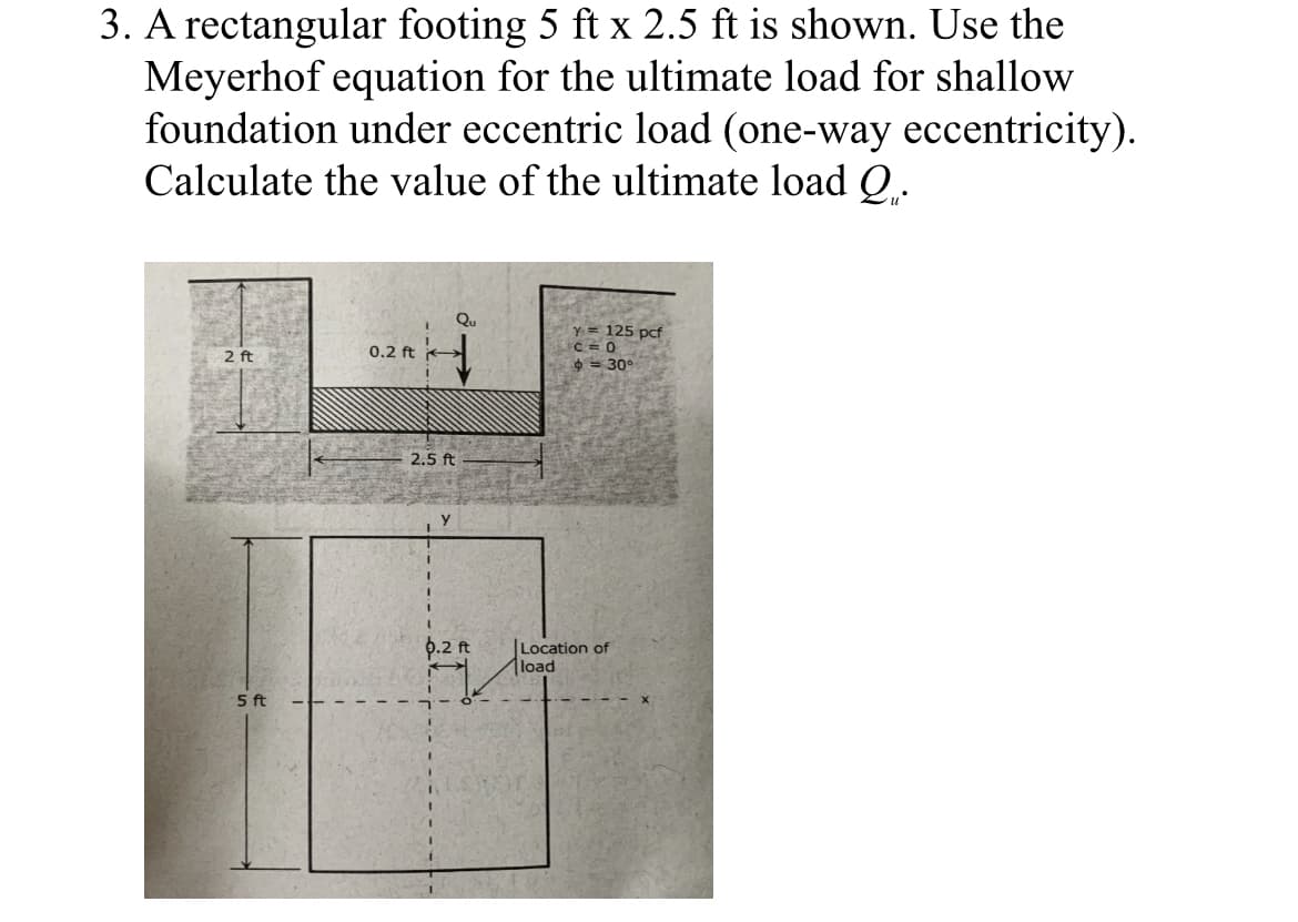 3. A rectangular footing 5 ft x 2.5 ft is shown. Use the
Meyerhof equation for the ultimate load for shallow
foundation under eccentric load (one-way eccentricity).
Calculate the value of the ultimate load Q.
y = 125 pcf
C = 0
$ = 30°
2 ft
0.2 ft
2.5 ft
6.2 ft
Location of
load
5 ft
