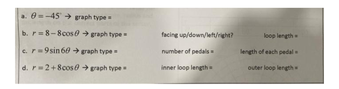 a. 0 = -45 → graph type =
b. r 8-8cos0 graph type =
facing up/down/left/right?
loop length =
c. r = 9 sin 60→ graph type =
number of pedals =
length of each pedal =
d. r 2+8cos0 → graph type =
inner loop length =
outer loop length =
