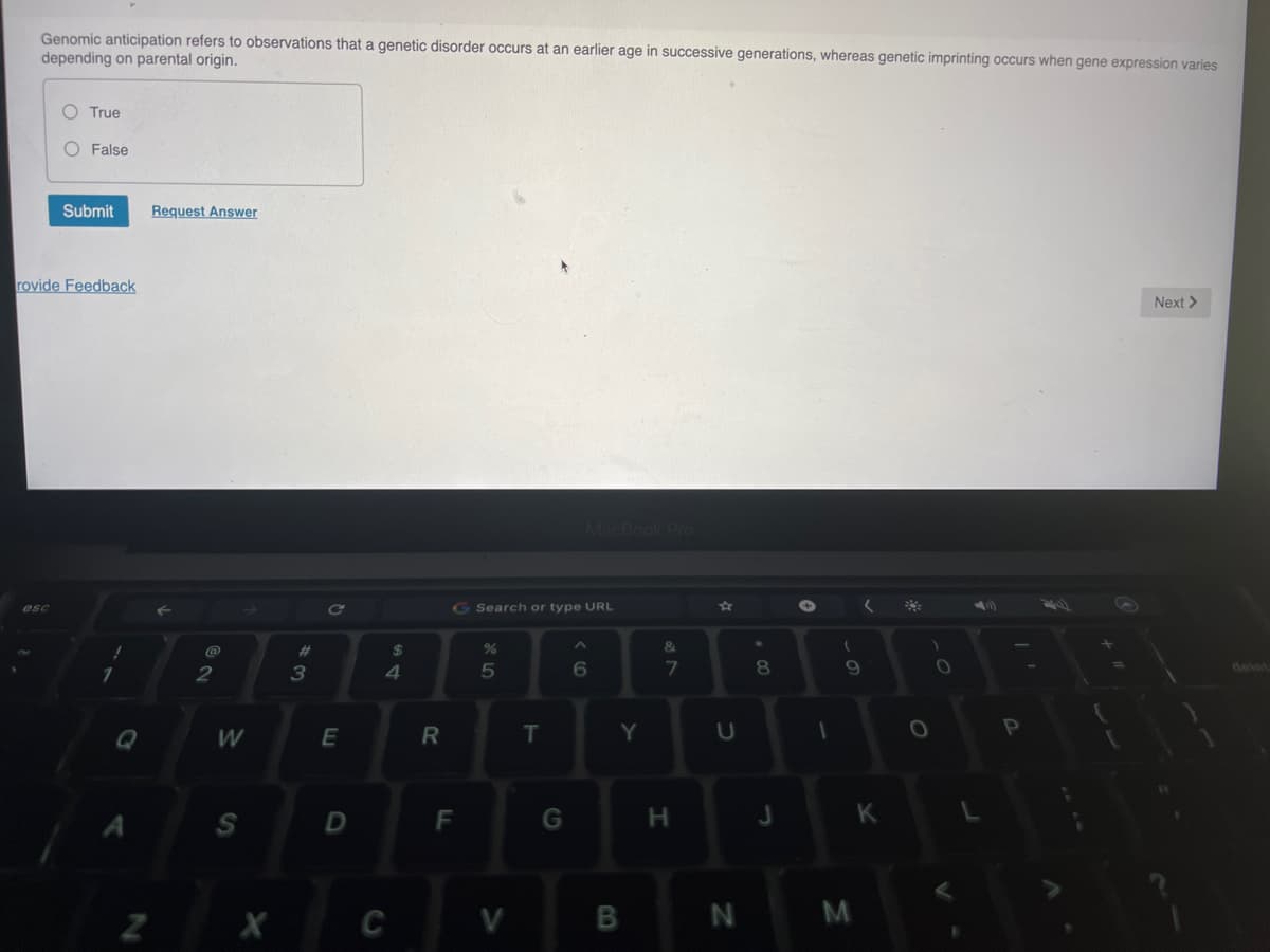 Genomic anticipation refers to observations that a genetic disorder occurs at an earlier age in successive generations, whereas genetic imprinting occurs when gene expression varies
depending on parental origin.
O True
O False
esc
Submit Request Answer
rovide Feedback
1
C
2
W
S
X
#
3
C
E
D
$
4
C
R
20
G Search or type URL
F
%
5
V
T
MacBook Pro
G
6
Y
B
&
7
H
U
N
+00
8
J
→
1
(
9
M
(
K
P
Next >