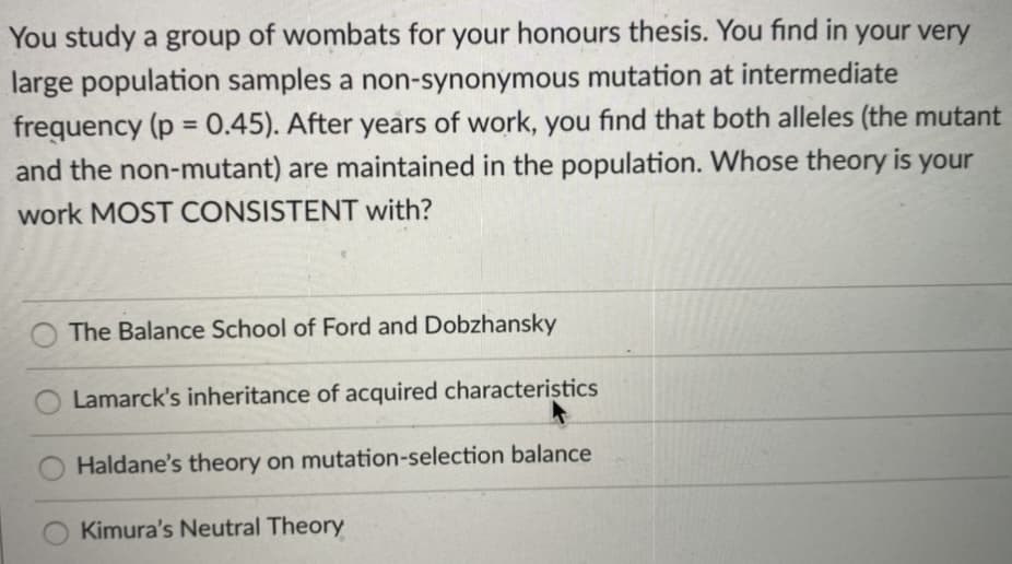 You study a group of wombats for your honours thesis. You find in your very
large population samples a non-synonymous mutation at intermediate
frequency (p = 0.45). After years of work, you find that both alleles (the mutant
and the non-mutant) are maintained in the population. Whose theory is your
%3D
work MOST CONSISTENT with?
The Balance School of Ford and Dobzhansky
Lamarck's inheritance of acquired characteristics
Haldane's theory on mutation-selection balance
Kimura's Neutral Theory
