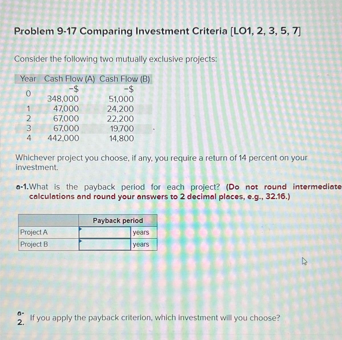 Problem 9-17 Comparing Investment Criteria [LO1, 2, 3, 5, 7]
Consider the following two mutually exclusive projects:
Year Cash Flow (A) Cash Flow (B)
-$
$-
0
348,000
51,000
1
47,000
24,200
234
67.000
22,200
67,000
19,700
442,000
14,800
Whichever project you choose, if any, you require a return of 14 percent on your
investment.
a-1.What is the payback period for each project? (Do not round intermediate
calculations and round your answers to 2 decimal places, e.g., 32.16.)
Payback period
Project A
Project B
2.
years
years
If you apply the payback criterion, which investment will you choose?
13