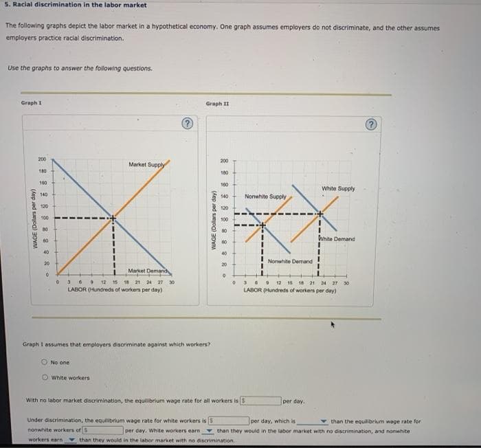 5. Racial discrimination in the labor market
The following graphs depict the labor market in a hypothetical economy. One graph assumes employers do not discriminate, and the other assumes
employers practice racial discrimination.
Use the graphs to answer the following questions.
Graph I
WAGE (Dollars per day)
222 288 289 2
200
180
100
140
120
100
60
40
20
0
Market Demand
036 9 12 15 18 21 24 27 30
LABOR (Hundreds of workers per day)
Market Supply
No one
White workers
Graph II
Graph I assumes that employers discriminate against which workers?
WAGE (Dollars per day)
8 8 8 8 8 8 8 8 8 8
200
100
140
120
100
0
0
Nonwhite Supply
Nonwhite Demand
With no labor market discrimination, the equilibrium wage rate for all workers is 3
Under discrimination, the equilibrium wage rate for white workers is
nonwhite workers of S
per day. White workers earn
workers earn than they would in the labor market with no discrimination.
White Supply
3 6 9 12 15 18 21 24 27 30
LABOR (Hundreds of workers per day)
per day.
1
I
White Demand
per day, which is
than the equilibrium wage rate for
than they would in the labor market with no discrimination, and nonwhite