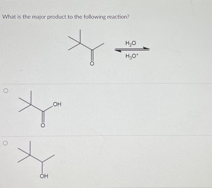 What is the major product to the following reaction?
O
OH
ҳ
ОН
H2O
Н30+