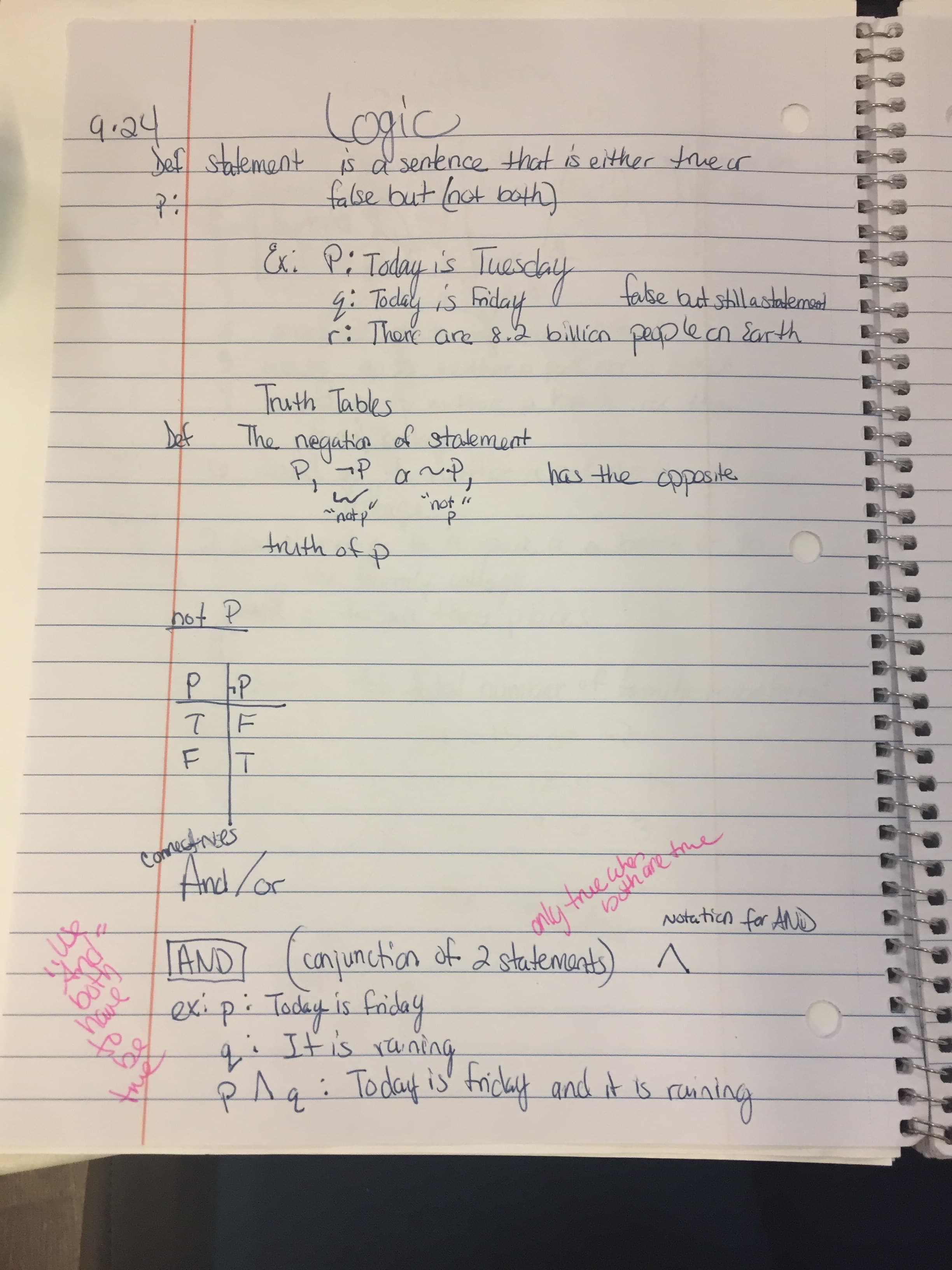 Lopice
Sat stalemant a seatnce that s either tue ur
false but laot lath)
s Tue
tase but shillastalemad
billian pap len arth
+S
iThoxe are &
Truth Tables
The nequta of stalement
has the pposte
not
P
patp
uth of p
P P
TF
Coneecnies
Ane Lor
th ane kue
Nataticn for AND
TAND Cuncin ot 2slakauans
exi pi Tadeg is baiday
A
Agi Today is hiduy and t is rauaing
