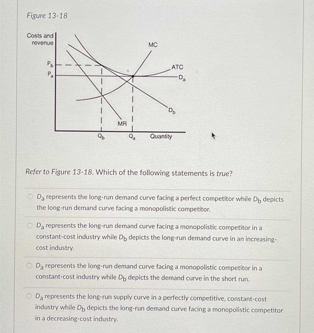 Figure 13-18
Costs and
revenue
Pb
Pa
Qb
MR
Q₂
MC
ATC
Db
Quantity
Da
Refer to Figure 13-18. Which of the following statements is true?
O Da represents the long-run demand curve facing a perfect competitor while Db depicts
the long-run demand curve facing a monopolistic competitor.
Da represents the long-run demand curve facing a monopolistic competitor in a
constant-cost industry while Db depicts the long-run demand curve in an increasing-
cost industry.
Da represents the long-run demand curve facing a monopolistic competitor in a
constant-cost industry while D depicts the demand curve in the short run.
Da represents the long-run supply curve in a perfectly competitive, constant-cost
industry while Db depicts the long-run demand curve facing a monopolistic competitor
in a decreasing-cost industry.