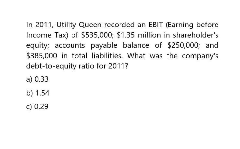 In 2011, Utility Queen recorded an EBIT (Earning before
Income Tax) of $535,000; $1.35 million in shareholder's
equity; accounts payable balance of $250,000; and
$385,000 in total liabilities. What was the company's
debt-to-equity ratio for 2011?
a) 0.33
b) 1.54
c) 0.29