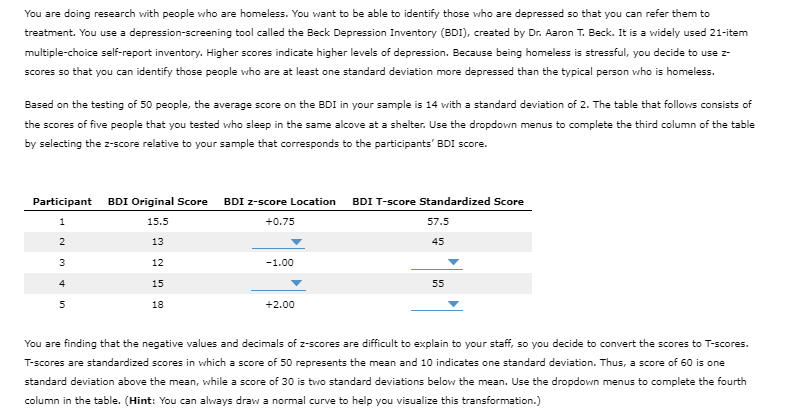 You are doing research with people who are homeless. You want to be able to identify those who are depressed so that you can refer them to
treatment. You use a depression-screening tool called the Beck Depression Inventory (BDI), created by Dr. Aaron T. Beck. It is a widely used 21-item
multiple-choice self-report inventory. Higher scores indicate higher levels of depression. Because being homeless is stressful, you decide to use z-
scores so that you can identify those people who are at least one standard deviation more depressed than the typical person who is homeless.
Based on the testing of 50 people, the average score on the BDI in your sample is 14 with a standard deviation of 2. The table that follows consists of
the scores of five people that you tested who sleep in the same alcove at a shelter. Use the dropdown menus to complete the third column of the table
by selecting the z-score relative to your sample that corresponds to the participants' BDI score.
Participant
1
2
3
4
5
BDI Original Score BDI z-score Location BDI T-score Standardized Score
15.5
+0.75
13
12
15
18
-1.00
+2.00
57.5
45
55
You are finding that the negative values and decimals of z-scores are difficult to explain to your staff, so you decide to convert the scores to T-scores.
T-scores are standardized scores in which a score of 50 represents the mean and 10 indicates one standard deviation. Thus, a score of 60 is one
standard deviation above the mean, while a score of 30 is two standard deviations below the mean. Use the dropdown menus to complete the fourth
column in the table. (Hint: You can always draw a normal curve to help you visualize this transformation.)