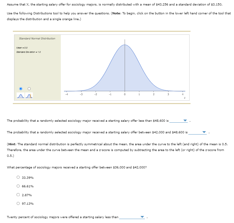 Assume that X, the starting salary offer for sociology majors, is normally distributed with a mean of $43,256 and a standard deviation of $3,150.
Use the following Distributions tool to help you answer the questions. (Note: To begin, click on the button in the lower left hand corner of the tool that
displays the distribution and a single orange line.)
Standard Normal Distribution
Mean -0.0
Standard Deviation - 1.0
^^
-3
The probability that a randomly selected sociology major received a starting salary offer less than $48,600 is
33.39%
-2
O 66.61%
What percentage of sociology majors received a starting offer between $36,000 and $42,000?
2.87%
0
The probability that a randomly selected sociology major received a starting salary offer between $42,000 and $48,600 is
97.13%
(Hint: The standard normal distribution is perfectly symmetrical about the mean, the area under the curve to the left (and right) of the mean is 0.5.
Therefore, the area under the curve between the mean and a 2-score is computed by subtracting the area to the left (or right) of the z-score from
0.5.)
2
Twenty percent of sociology majors were offered a starting salary less than
4
2