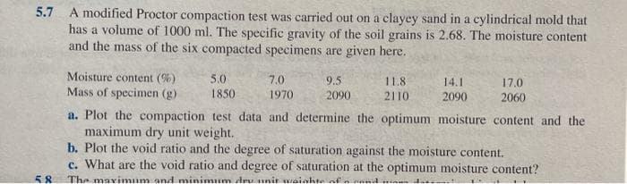 5.7 A modified Proctor compaction test was carried out on a clayey sand in a cylindrical mold that
has a volume of 1000 ml. The specific gravity of the soil grains is 2.68. The moisture content
and the mass of the six compacted specimens are given here.
Moisture content (%)
Mass of specimen (g)
5.0
7.0
9.5
11.8
14.1
17.0
1850
1970
2090
2110
2090
2060
a. Plot the compaction test data and determine the optimum moisture content and the
maximum dry unit weight.
b. Plot the void ratio and the degree of saturation against the moisture content.
c. What are the void ratio and degree of saturation at the optimum moisture content?
58
The mavimnm and minimum dru nit waiahte of n ennd..
