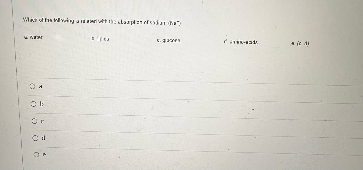 Which of the following is related with the absorption of sodium (Na+)
a. water
O a
Ob
O c
O d
O
e
b. lipids
c. glucose
d. amino-acids
e. (c,d)