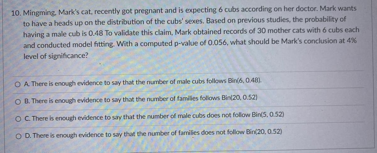 10. Mingming, Mark's cat, recently got pregnant and is expecting 6 cubs according on her doctor. Mark wants
to have a heads up on the distribution of the cubs' sexes. Based on previous studies, the probability of
having a male cub is 0.48 To validate this claim, Mark obtained records of 30 mother cats with 6 cubs each
and conducted model fitting. With a computed p-value of 0.056, what should be Mark's conclusion at 4%
level of significance?
O A. There is enough evidence to say that the number of male cubs follows Bin(6, 0.48).
O B. There is enough evidence to say that the number of families follows Bin(20, 0.52)
O C. There is enough evidence to say that the number of male cubs does not follow Bin(5, 0.52)
O D. There is enough evidence to say that the number of families does not follow Bin(20, 0.52)
