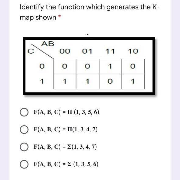 Identify the function which generates the K-
map shown *
AB
00
01
11
10
1
1
1
1
1
О FfA, B, С) 3D П(1,3, 5, 6)
F(A, B, С) %3D П(1, 3, 4, 7)
О F(A, В, С) 3 2(1, 3, 4, 7)
F(A, B, C) = 2 (1, 3, 5, 6)
