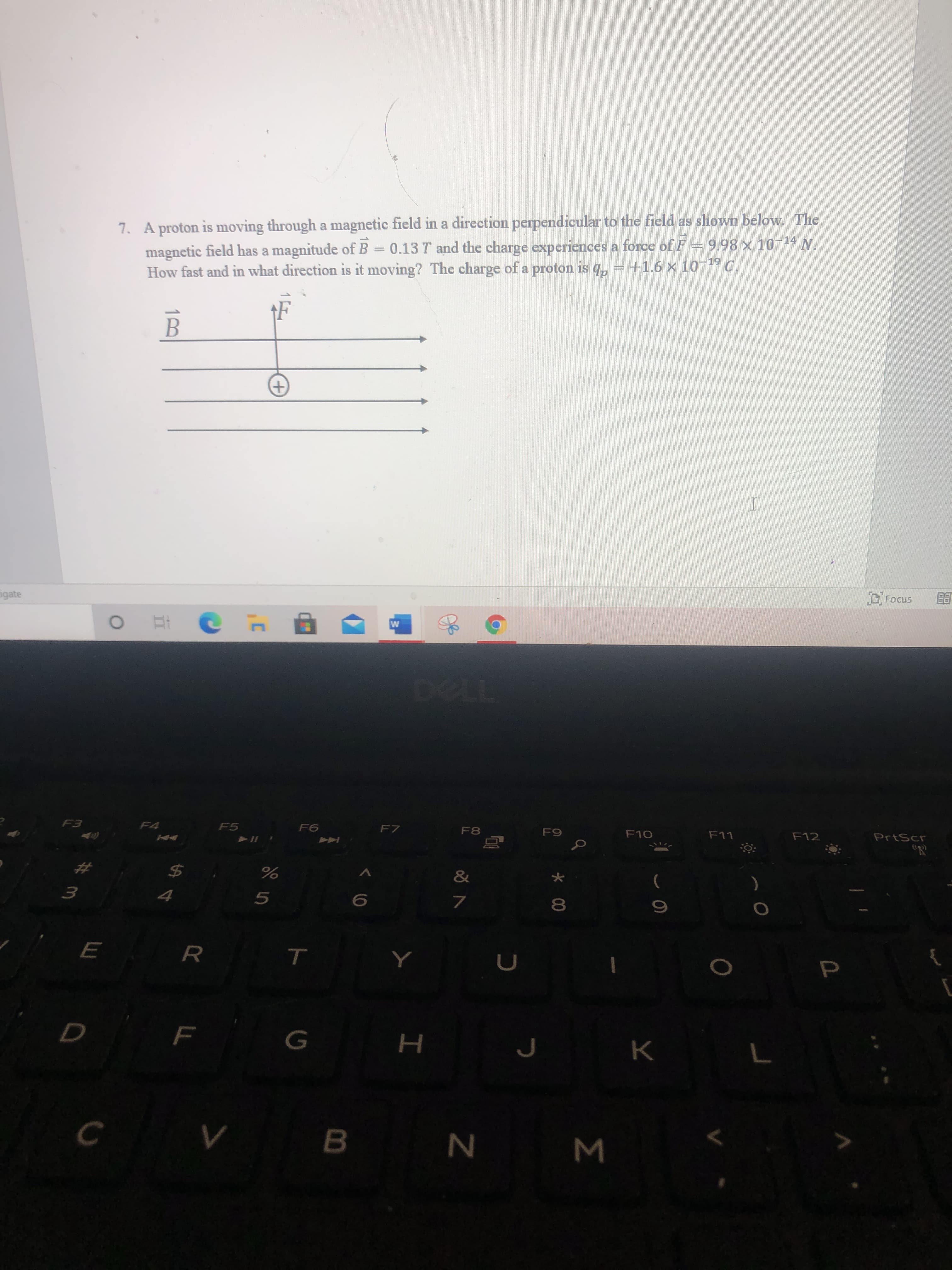 7. A proton is moving through a magnetic field in a direction perpendicular to the field as shown below. The
magnetic field has a magnitude of B = 0.13 T and the charge experiences a force of F = 9.98 x 10-14 N.
How fast and in what direction is it moving? The charge of a proton is q, = +1.6 x 10-19 C.
B
+,
