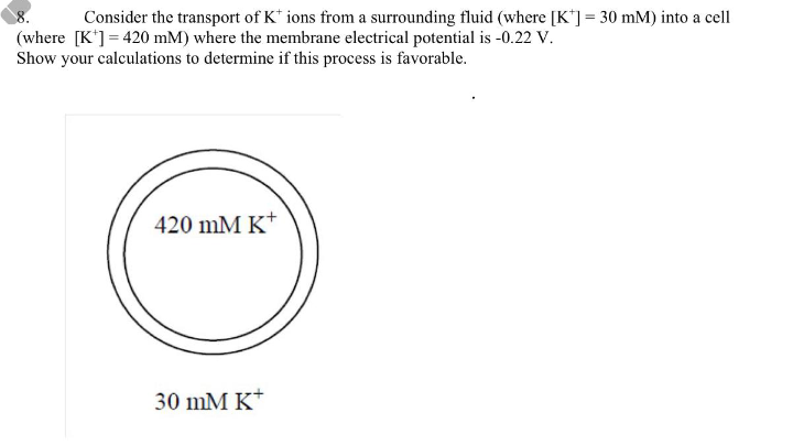 8.
(where [K*] = 420 mM) where the membrane electrical potential is -0.22 V.
Show your calculations to determine if this process is favorable.
Consider the transport of K* ions from a surrounding fluid (where [K'] = 30 mM) into a cell
420 mM K*
30 mM K*
