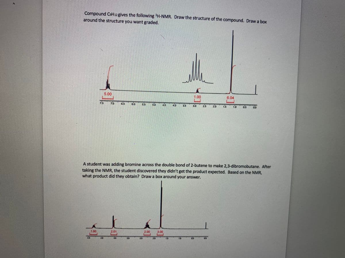 Compound CsH12 gives the following H-NMR. Draw the structure of the compound. Draw a box
around the structure you want graded.
5.00
1.00
6.04
70
6.5
6.0
4.0
3.5
3.0
25 20
1.5
A student was adding bromine across the double bond of 2-butene to make 2,3-dibromobutane. After
taking the NMR, the student discovered they didn't get the product expected. Based on the NMR,
what product did they obtain? Draw a box around your answer.
1.00
2.01
|2.00
3.00
