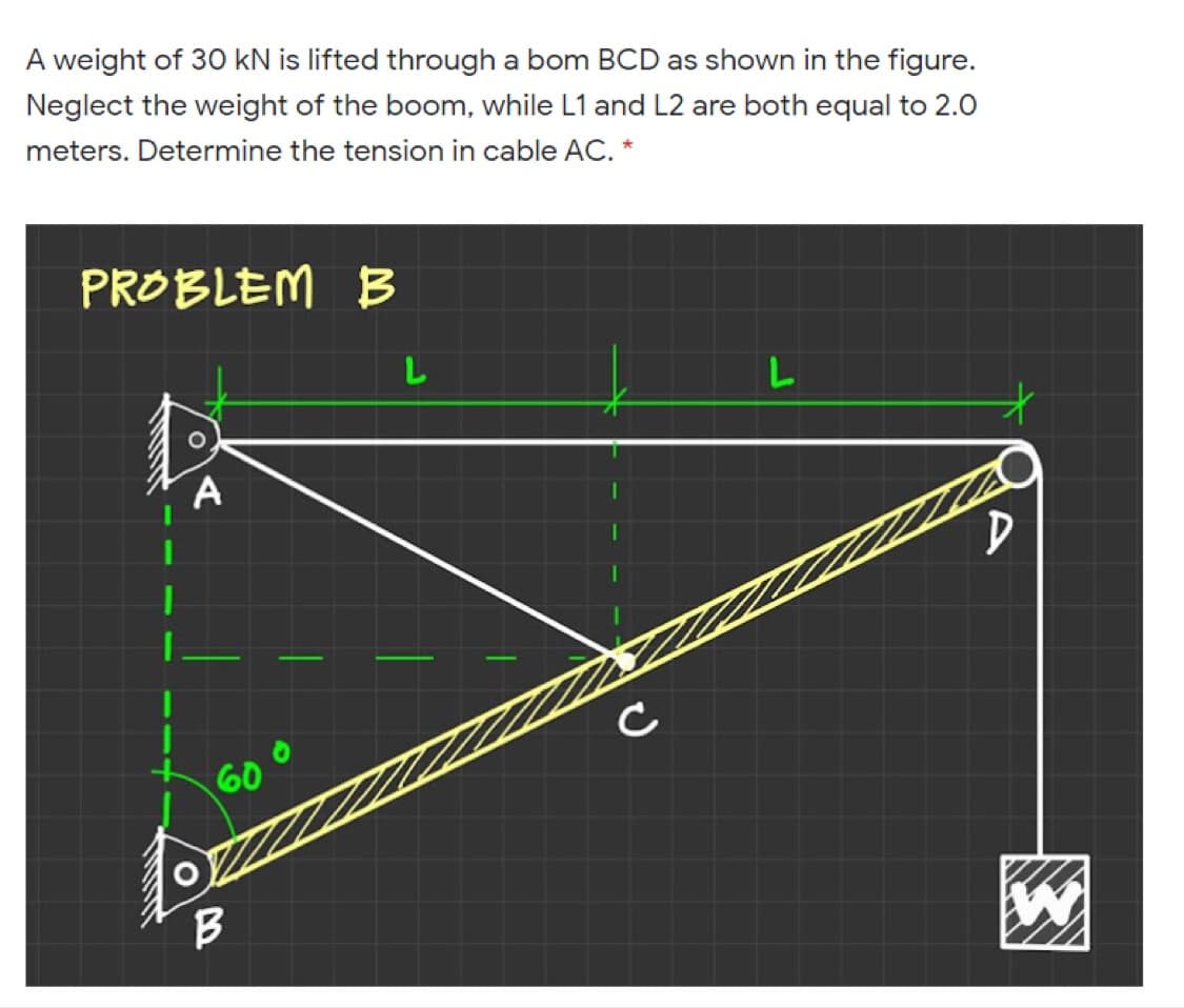 A weight of 30 kN is lifted through a bom BCD as shown in the figure.
Neglect the weight of the boom, while L1 and L2 are both equal to 2.0
meters. Determine the tension in cable AC. *
PROBLEM B
C
60
B
