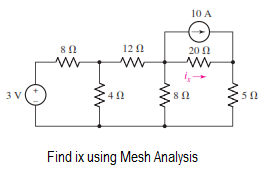 10 A
12 0
20 1
3 V
50
Find ix using Mesh Analysis
