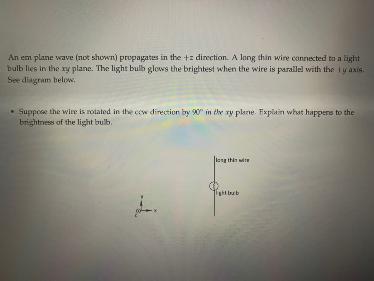 An em plane wave (not shown) propagates in the +z direction. A long thin wire connected to a light
bulb lies in the xy plane. The light bulb glows the brightest when the wire is parallel with the +y axis.
See diagram below.
Suppose the wire is rotated in the ccw direction by 90° in the xy plane. Explain what happens to the
brightness of the light bulb.
long thin wire
|light bulb
