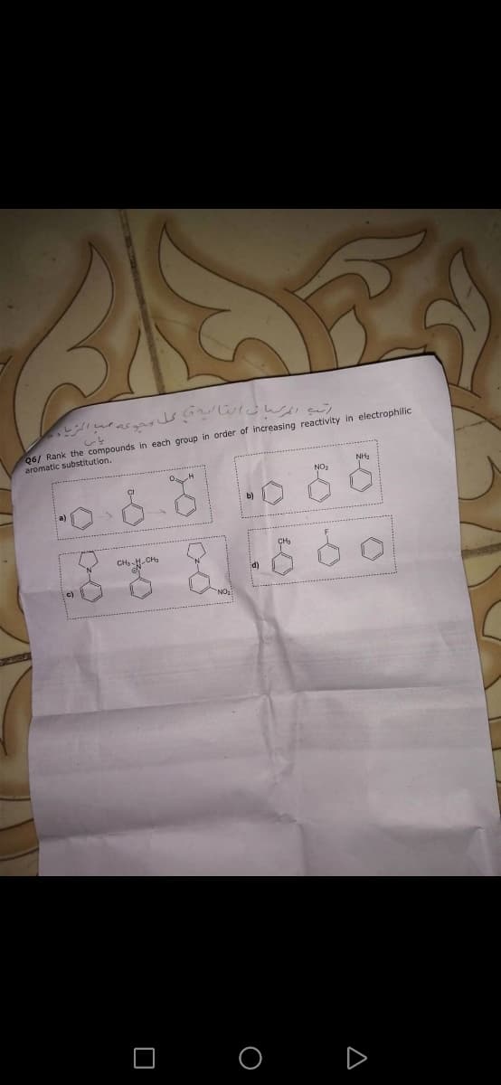 ت ا كل وخویه م اکتریار
Q6/ Rank the compounds in each group in order of increasing reactivity in electrophilic
aromatic substitution.
NH
NO2
b)
O O D
