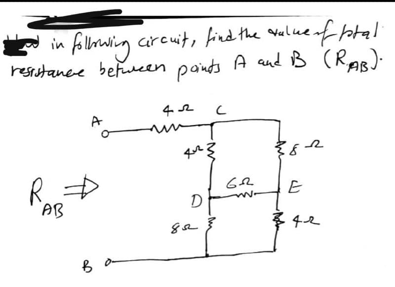 in fillowin circuit, find the araleenf otal
resrstanee befwucen pands A and B (RAR):
A
R D
AB
D
42
B o-
