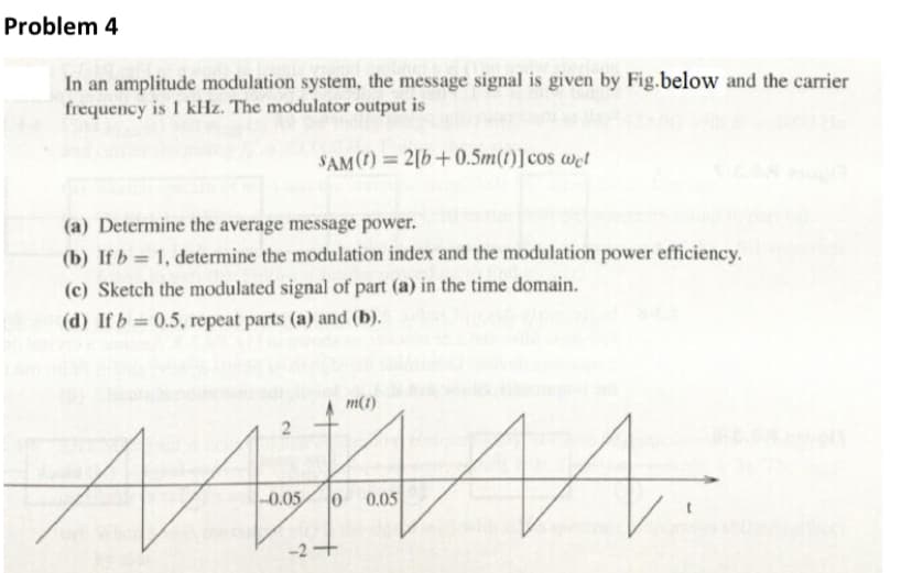 Problem 4
In an amplitude modulation system, the message signal is given by Fig.below and the carrier
frequency is 1 kHz. The modulator output is
SAM() = 2[b+0.5m(t)]cos wet
(a) Determine the average message power.
(b) If b 1, determine the modulation index and the modulation power efficiency.
(c) Sketch the modulated signal of part (a) in the time domain.
(d) If b = 0.5, repeat parts (a) and (b).
m(1)
-0.05
0.05
-2+
