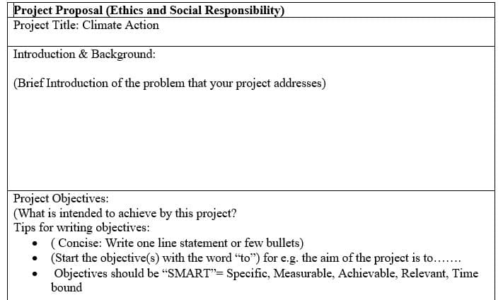 Project Proposal (Ethics and Social Responsibility)
Project Title: Climate Action
Introduction & Background:
(Brief Introduction of the problem that your project addresses)
Project Objectives:
(What is intended to achieve by this project?
Tips for writing objectives:
( Concise: Write one line statement or few bullets)
• (Start the objective(s) with the word "to") for e.g. the aim of the project is to...
Objectives should be "SMART"= Specific, Measurable, Achievable, Relevant, Time
bound
