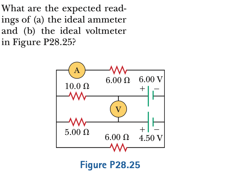 What are the expected read-
ings of (a) the ideal ammeter
and (b) the ideal voltmeter
in Figure P28.25?
A
6.00 Ω 6.00 V
10.0 N
+
V
+
5.00 N
6.00 N 4.50 V|
Figure P28.25
