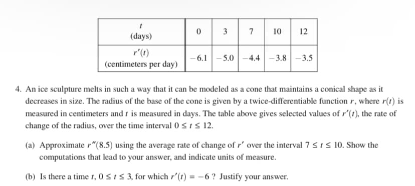 1
0
3
7
10 12
(days)
r' (t)
-6.1 -5.0-4.4 -3.8 -3.5
(centimeters per day)
4. An ice sculpture melts in such a way that it can be modeled as a cone that maintains a conical shape as it
decreases in size. The radius of the base of the cone is given by a twice-differentiable function r, where r(t) is
measured in centimeters and t is measured in days. The table above gives selected values of r'(t), the rate of
change of the radius, over the time interval 0 ≤ 1 ≤ 12.
(a) Approximate r"(8.5) using the average rate of change of r' over the interval 7 ≤ i ≤ 10. Show the
computations that lead to your answer, and indicate units of measure.
(b) Is there a time 1, 0 ≤ 1 ≤ 3, for which r'(t) = -6 ? Justify your answer.
نیا