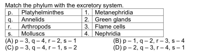 Match the phylum with the excretory system.
1. Metanephridia
2. Green glands
3. Flame cells
4. Nephridia
Platyhelminthes
Annelids
р.
q.
Arthropods
Molluscs
r.
S.
(А) р — 3, q — 4, г - 2, s - 1
(С) р — 3, q — 4, г - 1, s - 2
(В) р — 1, q- 2, г - 3, s -4
(D) р - 2, q — 3, г - 4, s- 1
