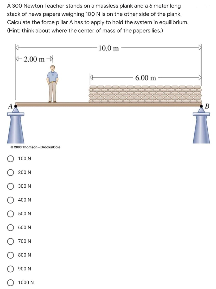 A 300 Newton Teacher stands on a massless plank and a 6 meter long
stack of news papers weighing 100 N is on the other side of the plank.
Calculate the force pillar A has to apply to hold the system in equilibrium.
(Hint: think about where the center of mass of the papers lies.)
10.0 m
E2.00 m
6.00 m
A
В
© 2003 Thomson - Brooks/Cole
100 N
200 N
300 N
400 N
500 N
600 N
700 N
800 N
900 N
1000 N
O O
O
