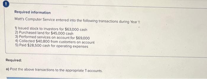 !
Required information
Matt's Computer Service entered into the following transactions during Year 1:
1) Issued stock to investors for $63,000 cash
2) Purchased land for $45,000 cash
3) Performed services on account for $69,000
4) Collected $40,800 from customers on account
5) Paid $28,500 cash for operating expenses
Required:
a) Post the above transactions to the appropriate T-accounts.