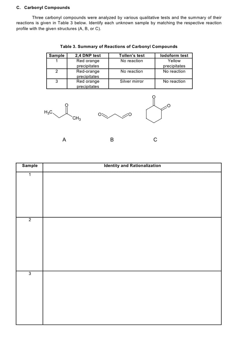 c. Carbonyl Compounds
Three carbonyl compounds were analyzed by various qualitative tests and the summary of their
reactions is given in Table 3 below. Identify each unknown sample by matching the respective reaction
profile with the given structures (A, B, or C).
Table 3. Summary of Reactions of Carbonyl Compounds
Sample
Tollen's test
2,4 DNP test
Red orange
precipitates
Red-orange
precipitates
Red orange
lodoform test
No reaction
Yellow
precipitates
No reaction
2
No reaction
3
Silver mirror
No reaction
precipitates
H3C.
`CH3
А
В
Sample
Identity and Rationalization
1
3
