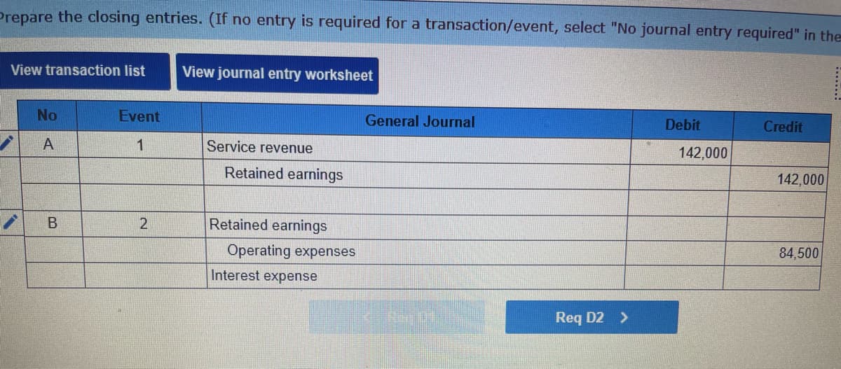 Prepare the closing entries. (If no entry is required for a transaction/event, select "No journal entry required" in the
View transaction list View journal entry worksheet
No
A
B
Event
1
2
Service revenue
Retained earnings
Retained earnings
Operating expenses
Interest expense
General Journal
Req D2 >
Debit
142,000
Credit
142,000
84,500