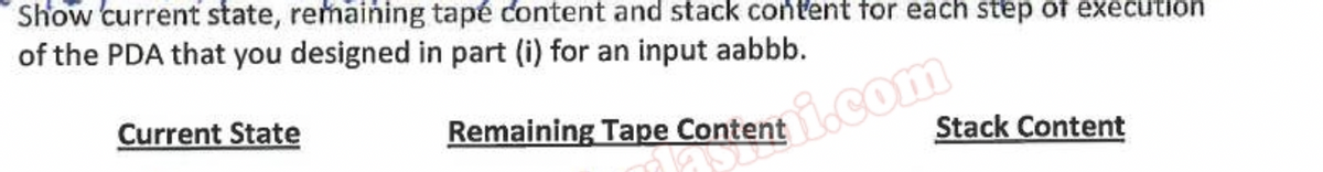 Show current state, remaining tapé content and stack content for each step of execution
of the PDA that you designed in part (i) for an input aabbb.
Current State
Remaining Tape Contenti.com
Stack Content