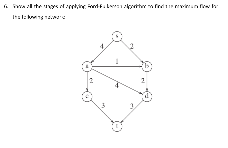 6. Show all the stages of applying Ford-Fulkerson algorithm to find the maximum flow for
the following network:
S
2
a
2
3
1
4
t
3
b
2
d