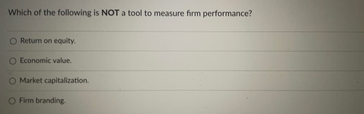 Which of the following is NOT a tool to measure firm performance?
O Return on equity.
O Economic value.
Market capitalization.
Firm branding.