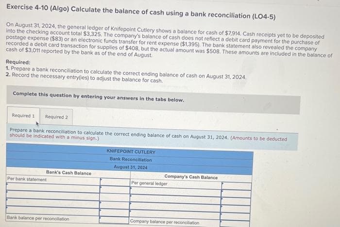 Exercise 4-10 (Algo) Calculate the balance of cash using a bank reconciliation (LO4-5)
On August 31, 2024, the general ledger of Knifepoint Cutlery shows a balance for cash of $7,914. Cash receipts yet to be deposited
into the checking account total $3,325. The company's balance of cash does not reflect a debit card payment for the purchase of
postage expense ($83) or an electronic funds transfer for rent expense ($1,395). The bank statement also revealed the company
recorded a debit card transaction for supplies of $408, but the actual amount was $508. These amounts are included in the balance of
cash of $3,011 reported by the bank as of the end of August.
Required:
1. Prepare a bank reconciliation to calculate the correct ending balance of cash on August 31, 2024.
2. Record the necessary entry(ies) to adjust the balance for cash.
Complete this question by entering your answers in the tabs below.
Required 1 Required 2
Prepare a bank reconciliation to calculate the correct ending balance of cash on August 31, 2024. (Amounts to be deducted
should be indicated with a minus sign.)
Bank's Cash Balance
Per bank statement
Bank balance per reconciliation
KNIFEPOINT CUTLERY
Bank Reconciliation
August 31, 2024
Company's Cash Balance
Per general ledger
Company balance per reconciliation