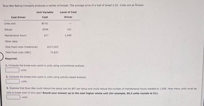 Busy-Bee Baking Company produces a variety of breads. The average price of a loaf of bread is $1. Costs are as follows:
Unit Variable
Cost
Cost Driver
Units sold
Setups
Maintenance hours
Other data:
Total fixed costs (traditional)
Total fixed costs (ABC)
Required:
$0.61
$296
$17
$157,053
73,837
Level of Cost
Driver
141
2,440
1. Compute the break-even point in units using conventional analysis.
units
2. Compute the break-even point in units using activity-based analysis.
units
3. Suppose that Busy-Bee could reduce the setup cost by $97 per setup and could reduce the number of maintenance hours needed to 1,000. How many units must be
sold to break even in this case? Round your answer up to the next higher whole unit (for example, 50.3 units rounds to 51).
units