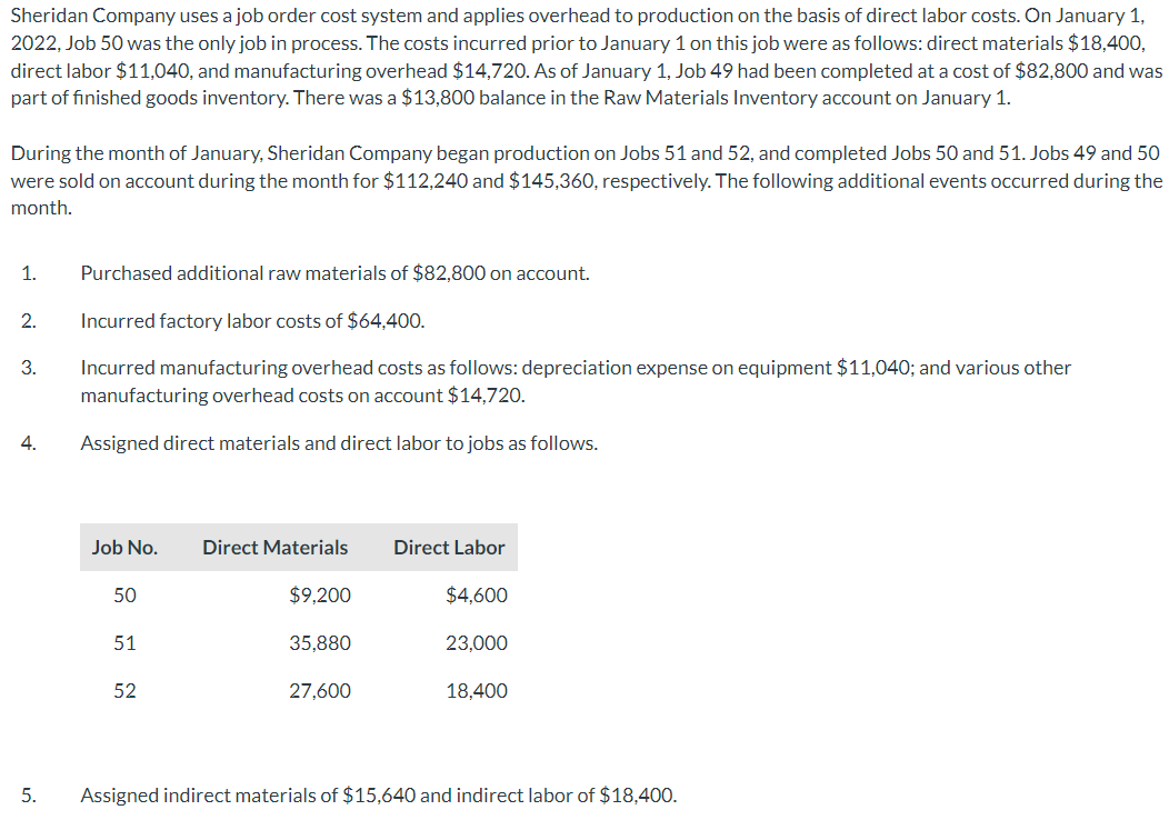 Sheridan Company uses a job order cost system and applies overhead to production on the basis of direct labor costs. On January 1,
2022, Job 50 was the only job in process. The costs incurred prior to January 1 on this job were as follows: direct materials $18,400,
direct labor $11,040, and manufacturing overhead $14,720. As of January 1, Job 49 had been completed at a cost of $82,800 and was
part of finished goods inventory. There was a $13,800 balance in the Raw Materials Inventory account on January 1.
During the month of January, Sheridan Company began production on Jobs 51 and 52, and completed Jobs 50 and 51. Jobs 49 and 50
were sold on account during the month for $112,240 and $145,360, respectively. The following additional events occurred during the
month.
1.
2.
3.
4.
5.
Purchased additional raw materials of $82,800 on account.
Incurred factory labor costs of $64,400.
Incurred manufacturing overhead costs as follows: depreciation expense on equipment $11,040; and various other
manufacturing overhead costs on account $14,720.
Assigned direct materials and direct labor to jobs as follows.
Job No.
50
51
52
Direct Materials
$9,200
35,880
27,600
Direct Labor
$4,600
23,000
18,400
Assigned indirect materials of $15,640 and indirect labor of $18,400.