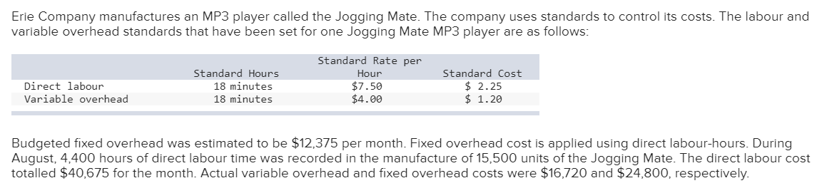 Erie Company manufactures an MP3 player called the Jogging Mate. The company uses standards to control its costs. The labour and
variable overhead standards that have been set for one Jogging Mate MP3 player are as follows:
Direct labour
Variable overhead
Standard Hours
18 minutes
18 minutes
Standard Rate per
Hour
$7.50
$4.00
Standard Cost
$ 2.25
$ 1.20
Budgeted fixed overhead was estimated to be $12,375 per month. Fixed overhead cost is applied using direct labour-hours. During
August, 4,400 hours of direct labour time was recorded in the manufacture of 15,500 units of the Jogging Mate. The direct labour cost
totalled $40,675 for the month. Actual variable overhead and fixed overhead costs were $16,720 and $24,800, respectively.