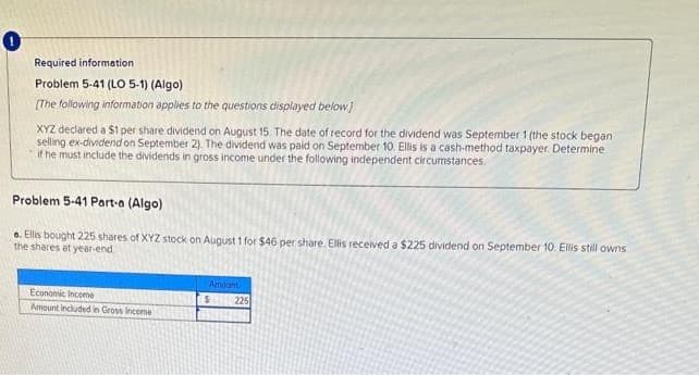 Required information
Problem 5-41 (LO 5-1) (Algo)
[The following information applies to the questions displayed below]
XYZ declared a $1 per share dividend on August 15. The date of record for the dividend was September 1 (the stock began
selling ex-dividend on September 2). The dividend was paid on September 10. Ellis is a cash-method taxpayer. Determine
if he must include the dividends in gross income under the following independent circumstances.
Problem 5-41 Part-a (Algo)
e. Ellis bought 225 shares of XYZ stock on August 1 for $46 per share. Ellis received a $225 dividend on September 10. Ellis still owns
the shares at year-end
Economic income
Amount included in Gross income
Amount
$ 225