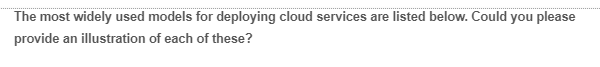 The most widely used models for deploying cloud services are listed below. Could you please
provide an illustration of each of these?