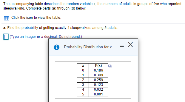 The accompanying table describes the random variable x, the numbers of adults in groups of five who reported
sleepwalking. Complete parts (a) through (d) below.
Click the icon to view the table.
a. Find the probability of getting exactly 4 sleepwalkers among 5 adults.
(Type an integer or a decimal. Do not round.)
i Probability Distribution for x
- X
P(x)
0.186
1
0.399
2
0.259
3
0.123
4
0.032
0.001
