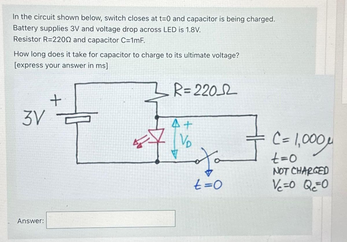 In the circuit shown below, switch closes at t=0 and capacitor is being charged.
Battery supplies 3V and voltage drop across LED is 1.8V.
Resistor R=22002 and capacitor C=1mF.
How long does it take for capacitor to charge to its ultimate voltage?
[express your answer in ms]
R=2202
3V
Answer:
+
4+
V₂
Ja
t=0
= C = 1,000 μ
t=0
NOT CHARGED
V₁=0 Q=0