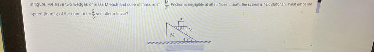 In figure, we have two wedges of mass M each and cube of mass m, m =
2
speed (in m/s) of the cube at t =
3
sec after release?
MN
2
Friction is negligible at all surfaces. Initially, the system is held stationary. What will be the
M
ררו
M
45°