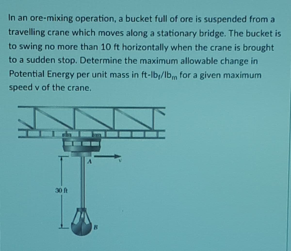 In an ore-mixing operation, a bucket full of ore is suspended from a
travelling crane which moves along a stationary bridge. The bucket is
to swing no more than 10 ft horizontally when the crane is brought
to a sudden stop. Determine the maximum allowable change in
Potential Energy per unit mass in ft-lb/lbm for a given maximum
speed v of the crane.
30 ft
B.
