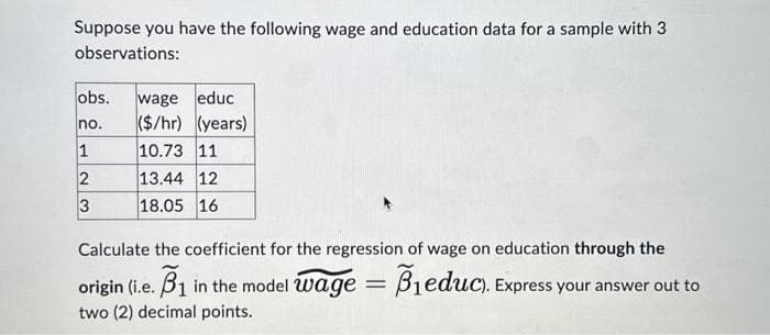 Suppose you have the following wage and education data for a sample with 3
observations:
obs.
no.
1
2
3
wage educ
($/hr) (years)
10.73 11
13.44 12
18.05 16
Calculate the coefficient for the regression of wage on education through the
origin (i.e. ₁ in the model wage = B₁educ). Express your answer out to
B1
two (2) decimal points.